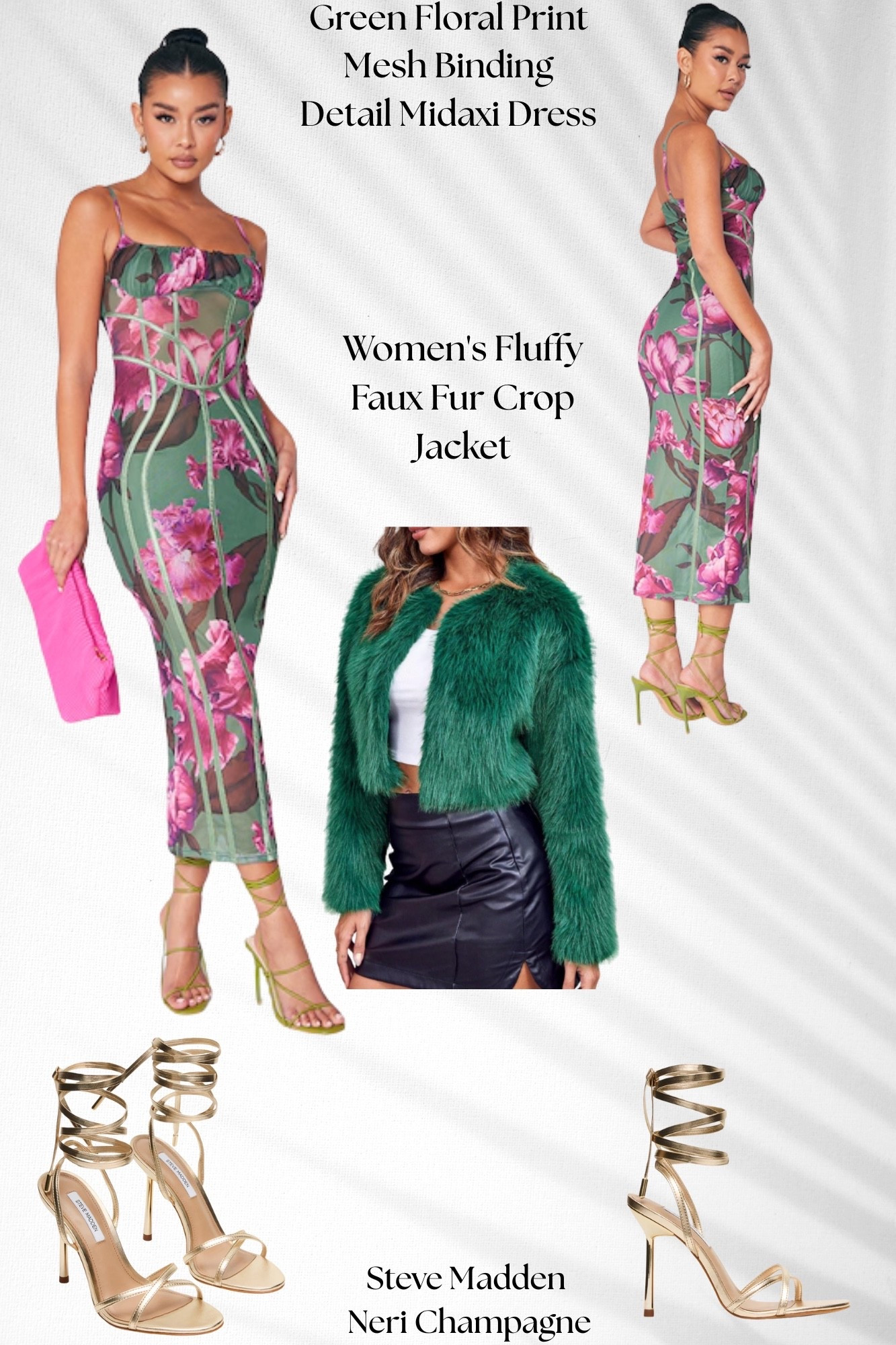 Green floral print mesh-binding midaxi dress + fluffy faux-fur crop jacket + Steve Madden Neri champagne heels.

#LTKootd #LTKPetite #LTKBeauty
