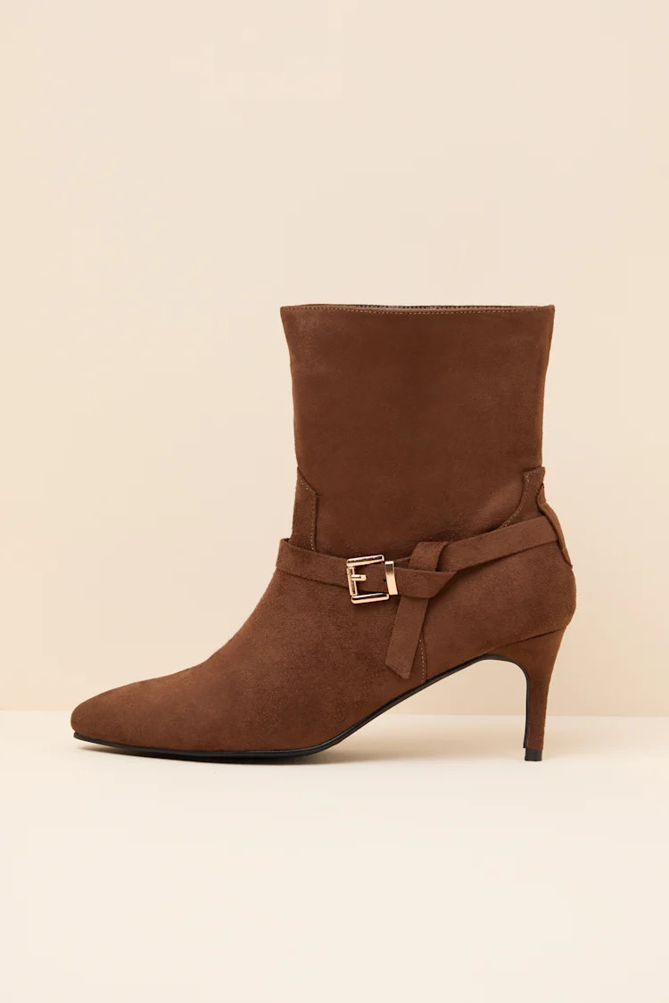 Jonelle Chocolate Suede Buckle High Heel Booties | Lulus