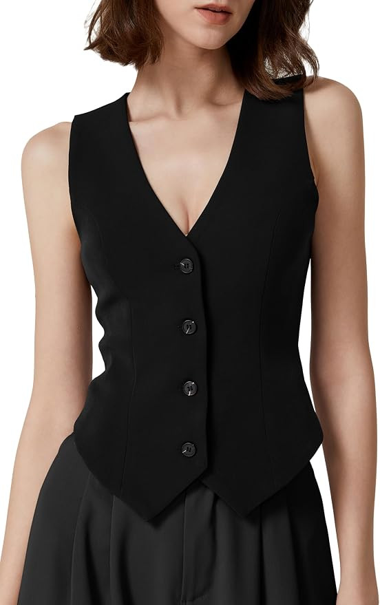 QINSEN Womens V Neck Vest Top Sleeveless Button Down Fully Lined Solid Going Out Crop Tops | Amazon (US)