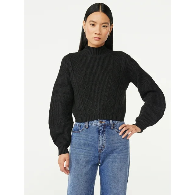 Scoop Women's Crop Cable Pullover Sweater with Long Sculpted Sleeves, Sizes XS-XXL | Walmart (US)