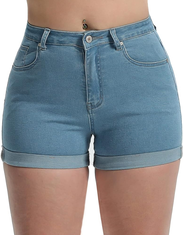 Laeyzuo Women's High Waisted Stretch Jean Shorts Foldead Hem Fashion Denim Shorts | Amazon (US)