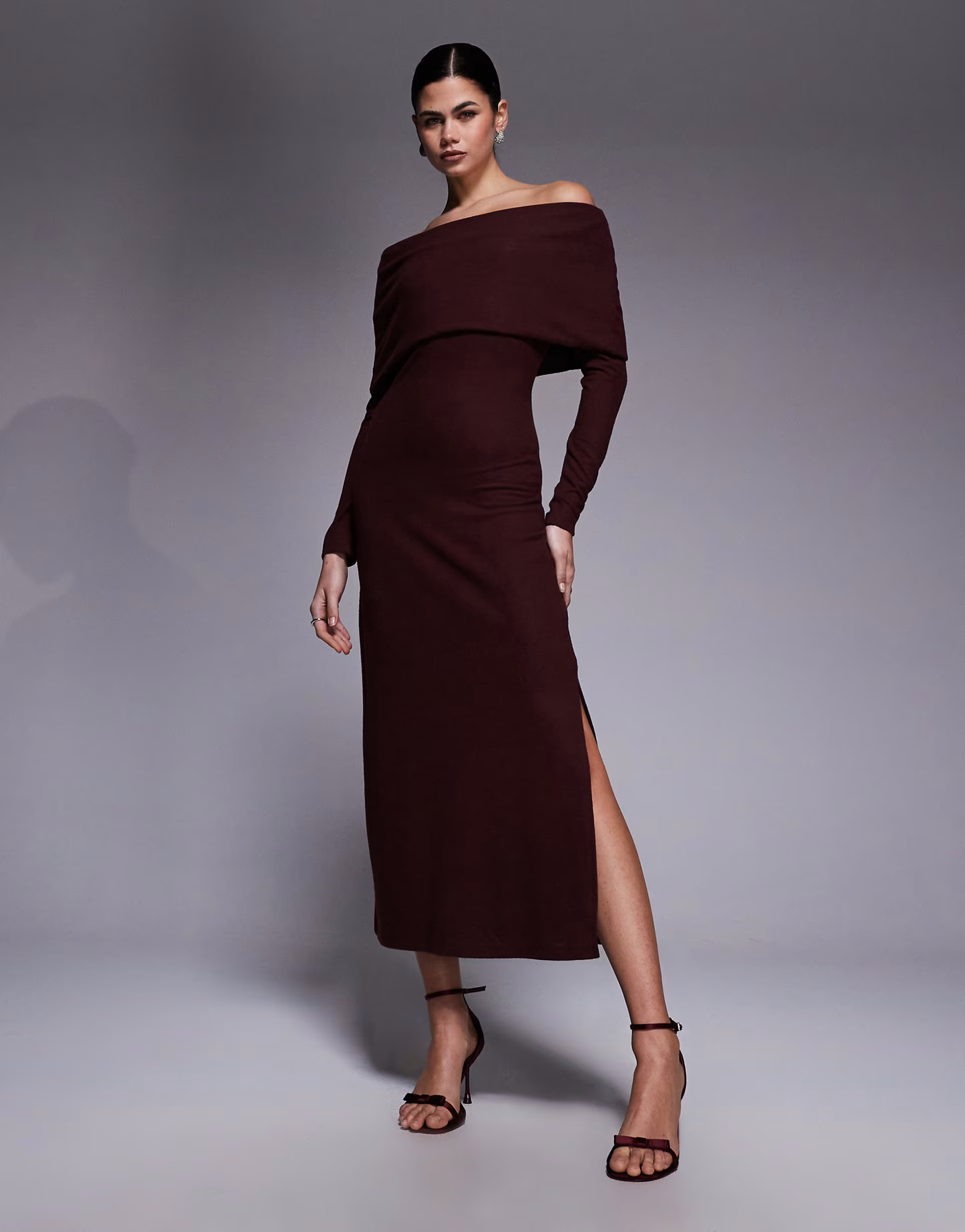 ASOS DESIGN supersoft fold over bardot maxi dress in chocolate | ASOS | ASOS (Global)