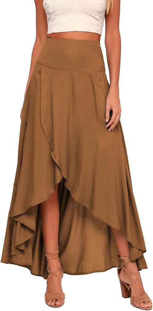 Womens High Waist Wrap Boho Maxi Skirt with Slit Flowy Pleated High Low Long Skirt | Amazon (US)