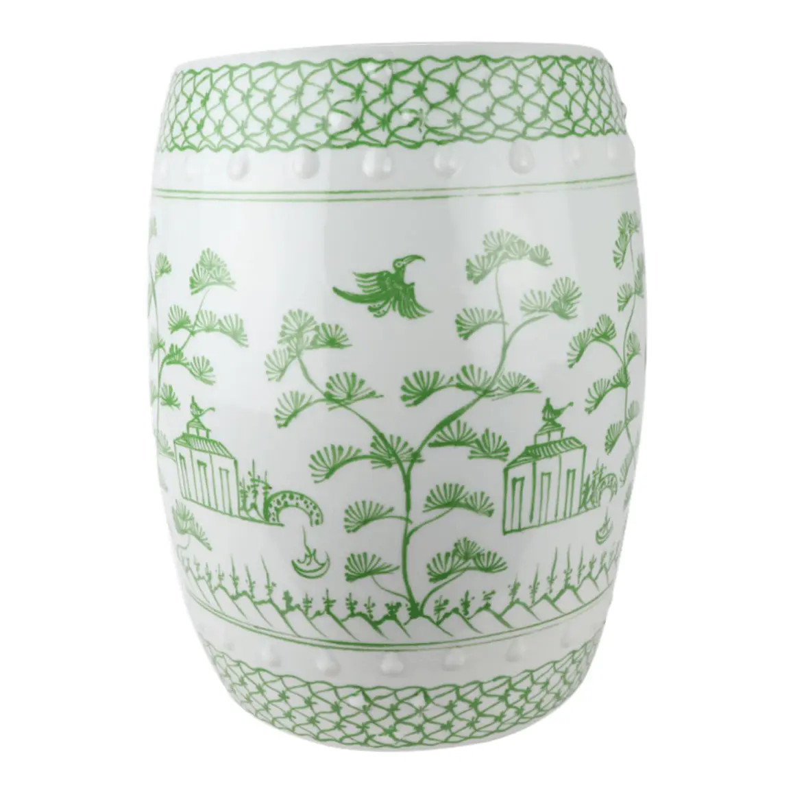 Village Scene Pale Green and White Garden Seat | Chairish