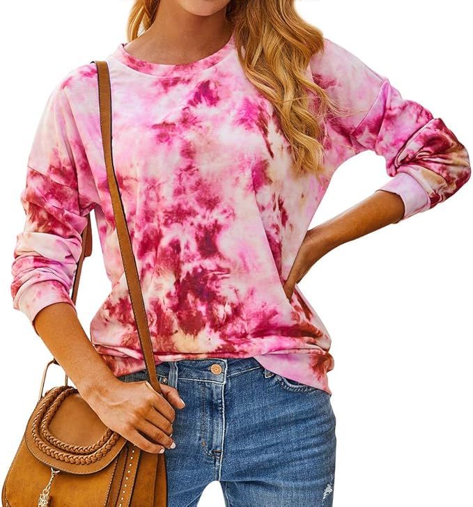 FEMLE Tie Dye Sweatshirt Women Oversized Colorblock Gradient Crewneck T-Shirt Summer Cute Long Sl... | Amazon (US)
