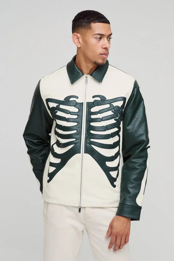 Regular Fit Tumbled PU Skeleton Applique Harrington Jacket | boohooMAN (US & Canada)