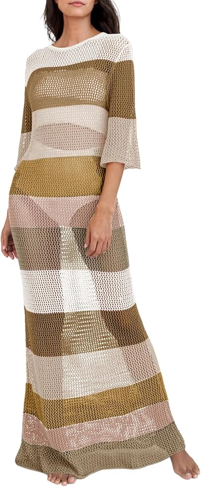 Women's Crochet Cover Ups for Bikini Swimsuit Half Sleeve Bathing Suit Rainbow Swimwear Long Beac... | Amazon (US)