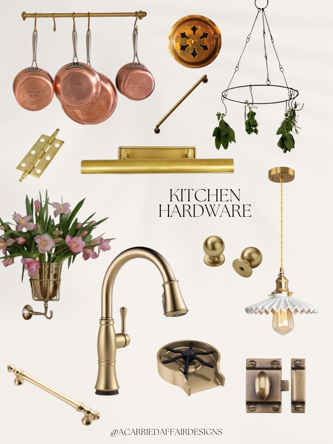 Sharing my kitchen hardware picks from our kitchen renovation project. 🤩

The brass wall vessel and hanging herb drying rack are from Roan Iris.

The brass pot rack and ventilation grille are from Devol Kitchens. 

Everything else is linked. ❤️



#LTKHome