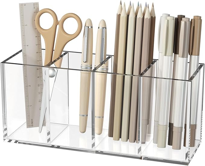 NIUBEE Acrylic Pen Holder 4 Compartments, Clear Pencil Organizer Cup for Countertop Desk Accessor... | Amazon (US)