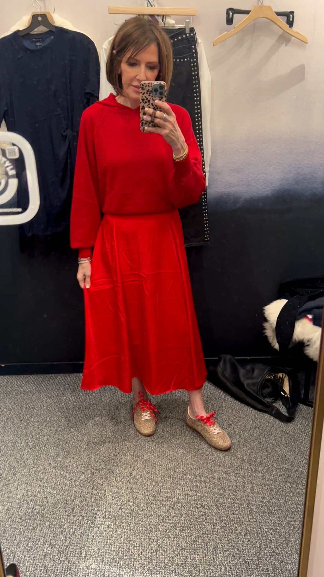 red sweater, red satin skirt, leopard sneakers, winter outfit, holiday outfit, over 50 outfits 

#LTKOver40 #LTKHoliday #LTKootd