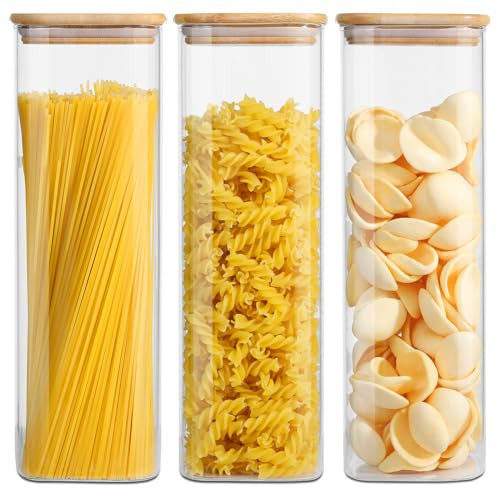 Glass Food Storage Jars with Lids(2.2QT)Square Set of 3 ,Glass Storage Containers Clear Glass Food Canister with Bamboo Lid Airtight For Serving Tea, Coffee Beans, Flour,Cookie, Cereal,Spice and More | Amazon (US)
