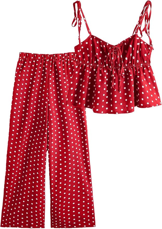 Verdusa Women's 2 Piece Outfits Polka Dots Tie Shoulder Babydoll Tops with Wide Leg Pants Summer ... | Amazon (US)