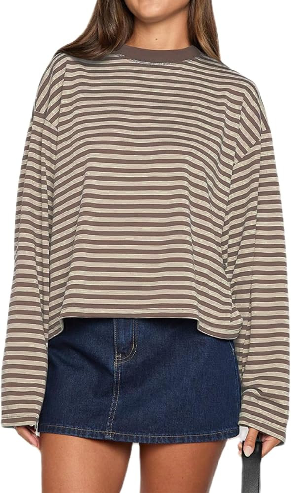 Women Y2k Long Sleeve Fairy Grunge Striped Baggy Tees Shirts 2000s Emo Aesthetic Sweater Crop Top... | Amazon (US)