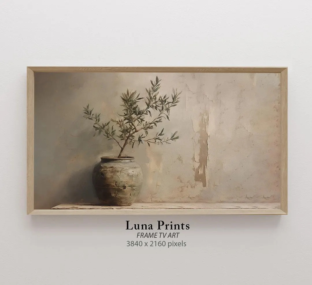 Rustic Olive Tree TV Art, Pottery Still Life Painting, DIGITAL DOWNLOAD, Neutral Modern Organic A... | Etsy (US)