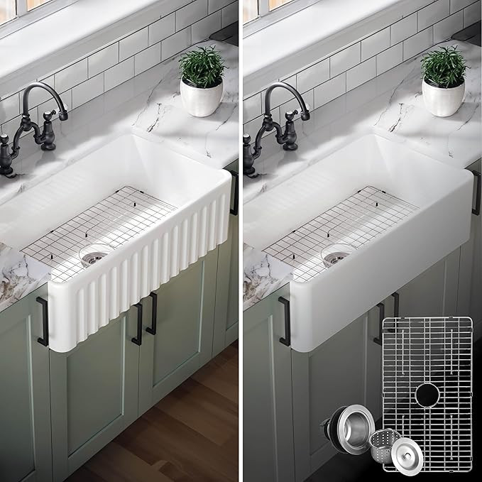DunmoreHome 33 Inch Farmhouse Kitchen Sink, Reversible Design, cUPC, 33x18 Clay Apron Front, Whit... | Amazon (US)