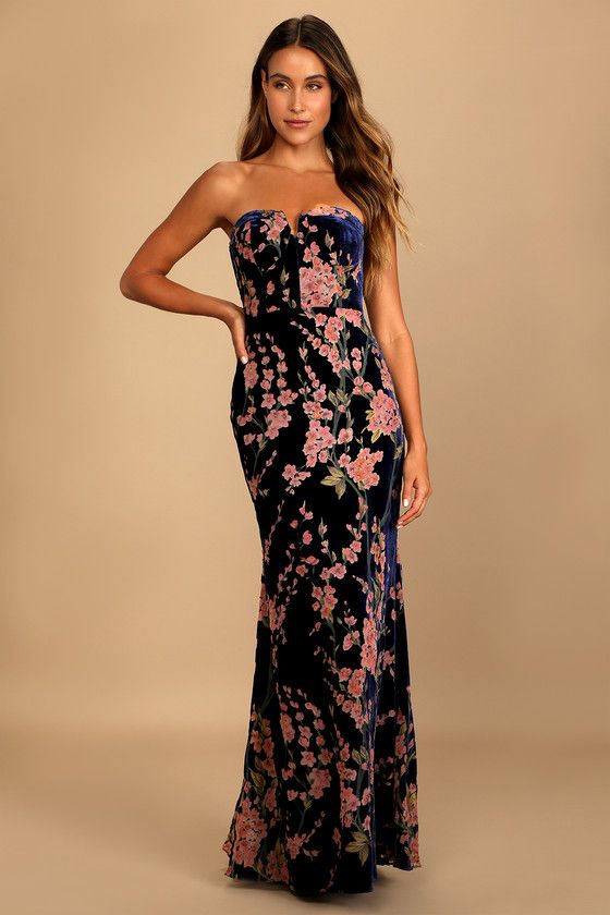 Bloom In Mind Navy Blue Floral Print Velvet Strapless Maxi Dress | Lulus (US)