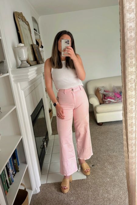 The cutest pink jeans for spring! Raffia platforms. Platform shoes. White tank. Target style. Summer outfit. Spring outfit. Vacation outfit. Summer style. Mom outfit. Date night. Girls night  

#LTKstyletip #LTKmidsize #LTKfindsunder50