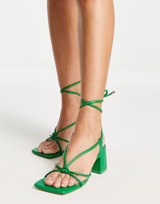 Public Desire Wide Fit Aloha knot strap mid heel sandals in green | ASOS (Global)