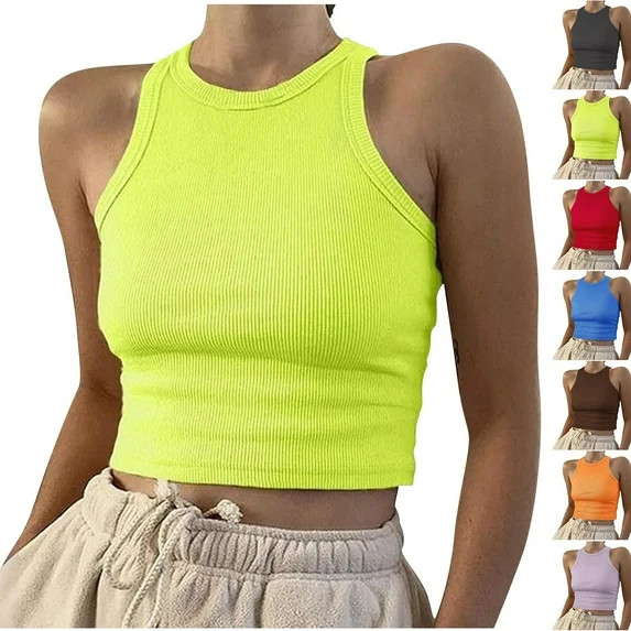 Crunowin Women's Summer Croped Tank Tops, Casual Round Neck Sleeveless Ribbed Tops Yellow M | Walmart (US)