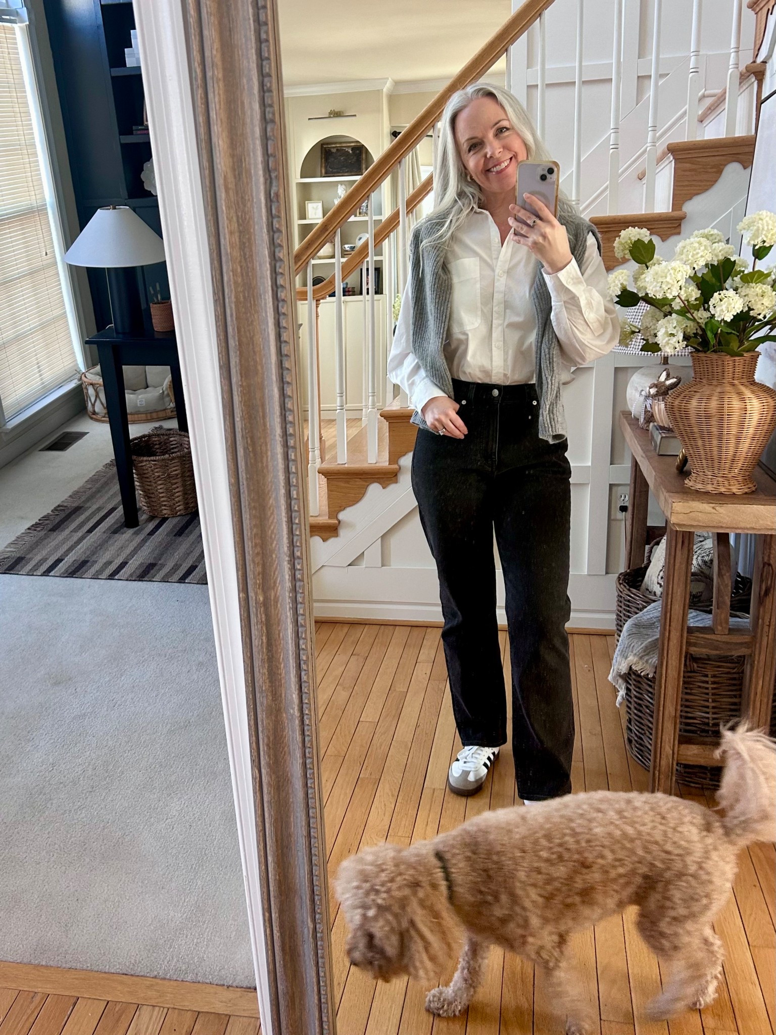 Fav Madewell straight leg black denim tts wearing size 27/4 in regular length.  with a classic white button down, cashmere cardigan and adidas #madewellsale #ltkover40 

#LTKSaleAlert #LTKxMadewell #LTKStyleTip