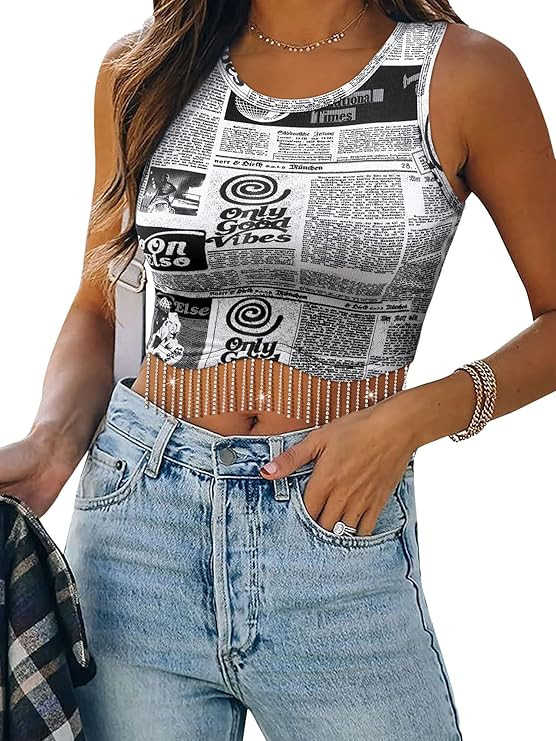 Womens Nashville Sparkly Rhinestone Fringe Sleeveless Crop Tops Y2K Raceback Ribbed Cropped Tank ... | Amazon (US)