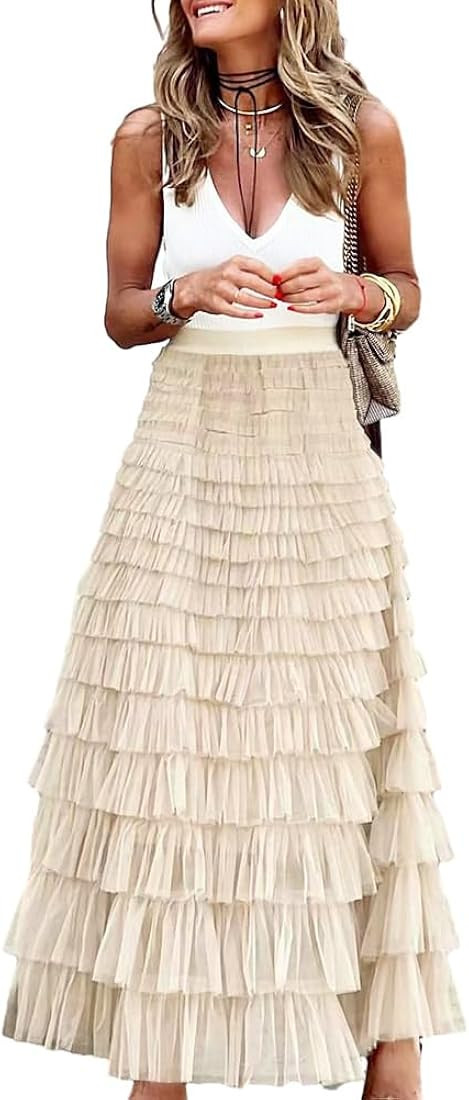 Long Tulle Skirt for Women Trendy High Waisted A Line Fluffy Fairy Mesh Layered Ruffle Skirt | Amazon (US)
