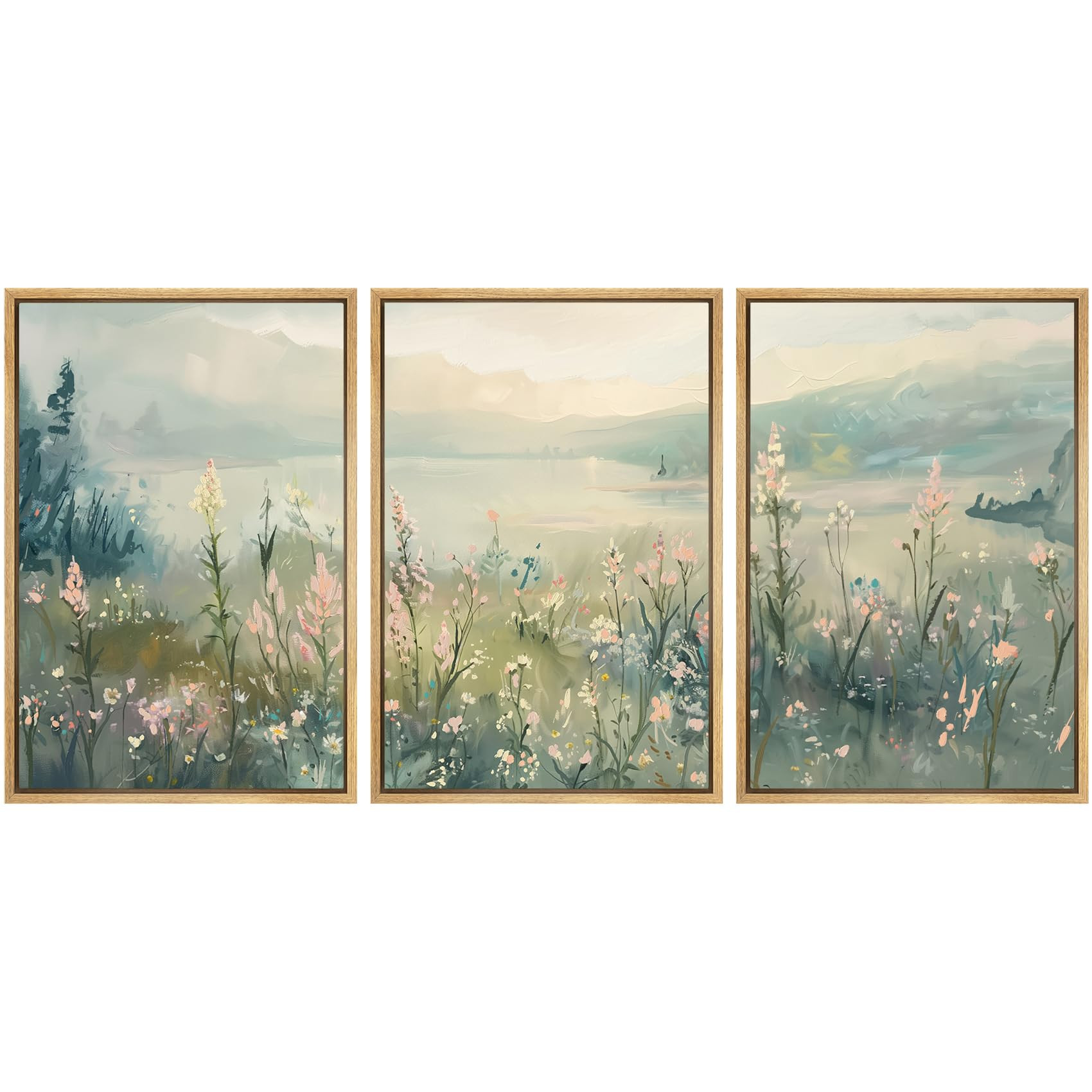 SIGNWIN Framed Canvas Print Wall Art Set Ethereal Valley Wildflowers Soft Green Pastoral Landscap... | Amazon (US)