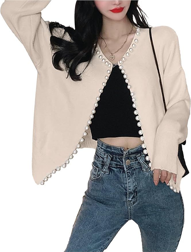 Omoone Women's Solid Cardigan Sweater Elegant Long Sleeve Pearls Trim Beading Outwear | Amazon (US)