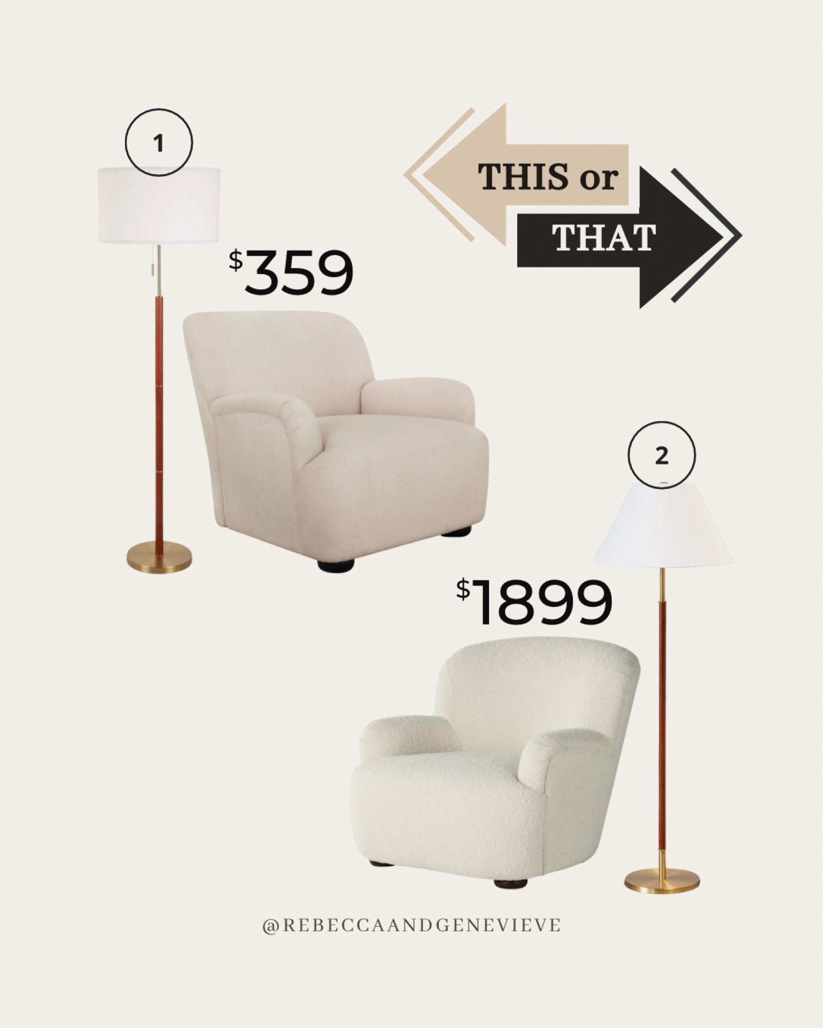 Similar styles, different price tags 💸 Which one would you prefer? I have the second combo in my family room (chair in color camel), but wow that chair and floor lamp from Walmart are very cute! 
-
Dupe. Home dupe. Home decor. Accent chair. Light fixture. Save or splurge. 

#LTKHome #LTKFindsUnder100 #LTKFamily