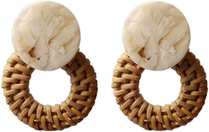 Handmade Rattan Vine Knit Hoop Dangle Earrings Bohemia Straw Braided Wicker Tortoise Shell Mottle... | Amazon (US)