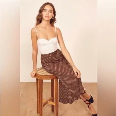 Reformation Beau Midi Skirt Sz 6 Polka Dot Brown White French Girl Style Rare | eBay US