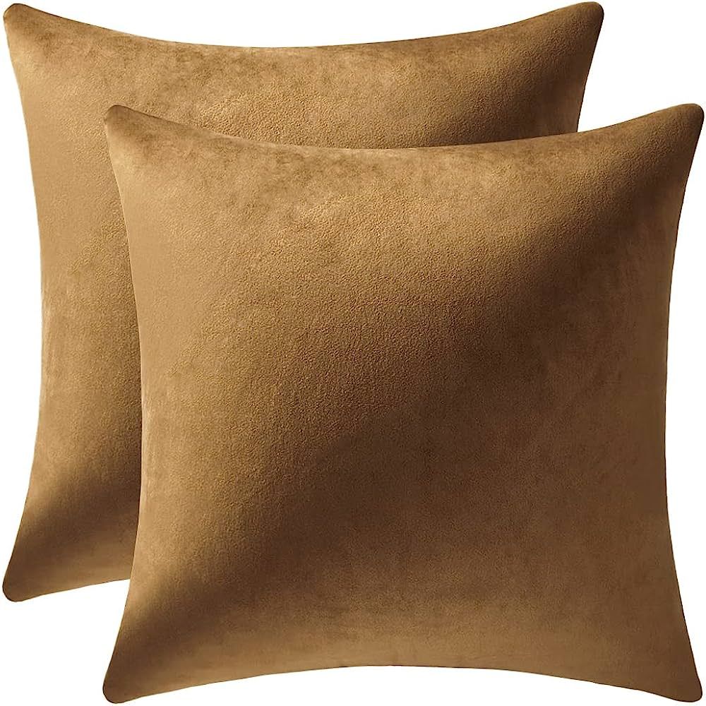 DEZENE Throw Pillow Cases 20x20 Golden Brown: 2 Pack Cozy Soft Velvet Square Decorative Pillow Co... | Amazon (US)