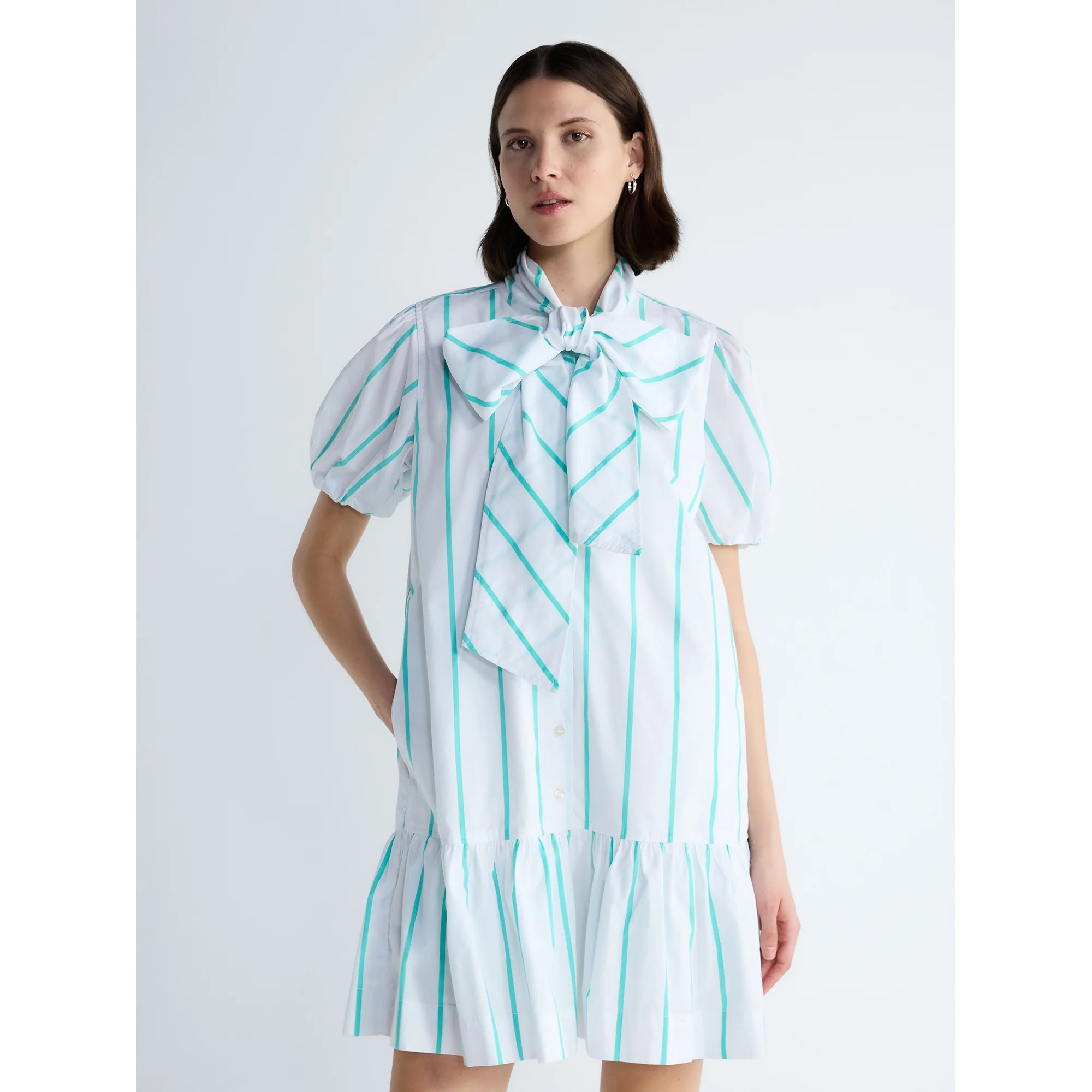 Free Assembly Women's Tie Neck Striped Cotton Mini Dress, Sizes XS-4X | Walmart (US)