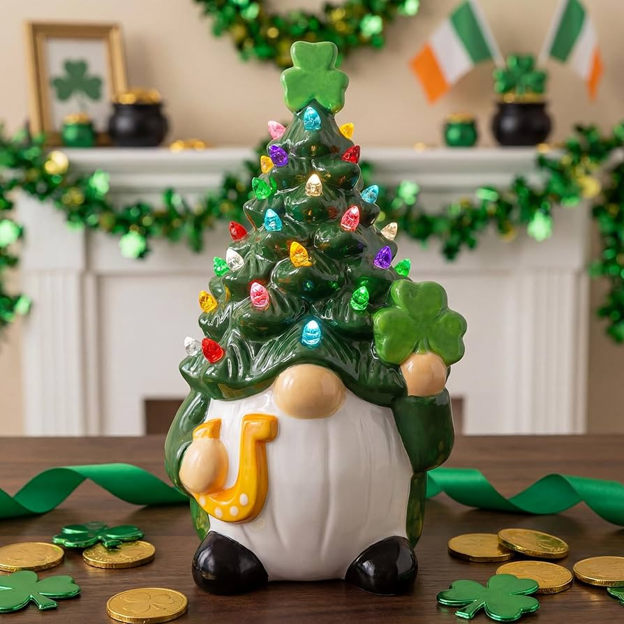St Patricks Day Ceramic Gnome Tree Decorations, Saint Patrick's Tree Table Decor for Home Lighted... | Amazon (US)