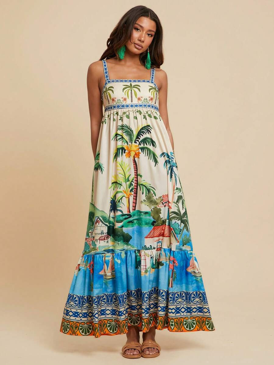 Travachic Women's Holiday Tropical Print Ruffled Hem Spaghetti Strap Maxi Dress,Summer Outfits Fo... | SHEIN