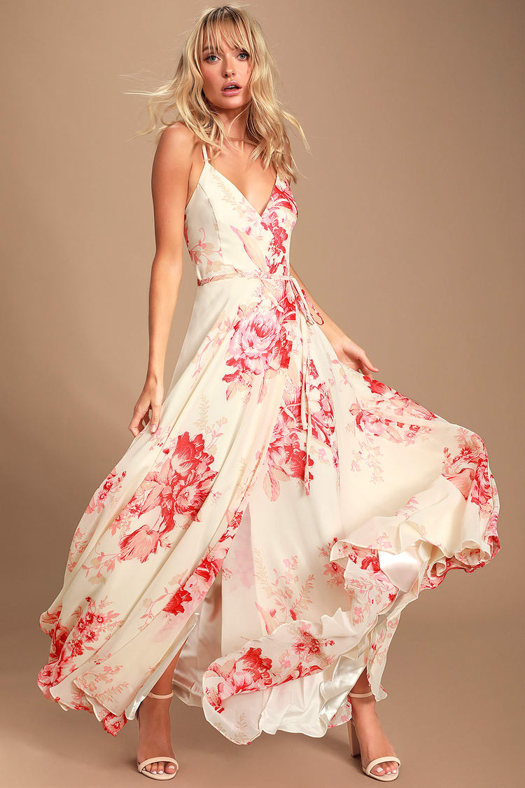 Elegantly Inclined Cream and Coral Floral Print Wrap Maxi Dress | Lulus