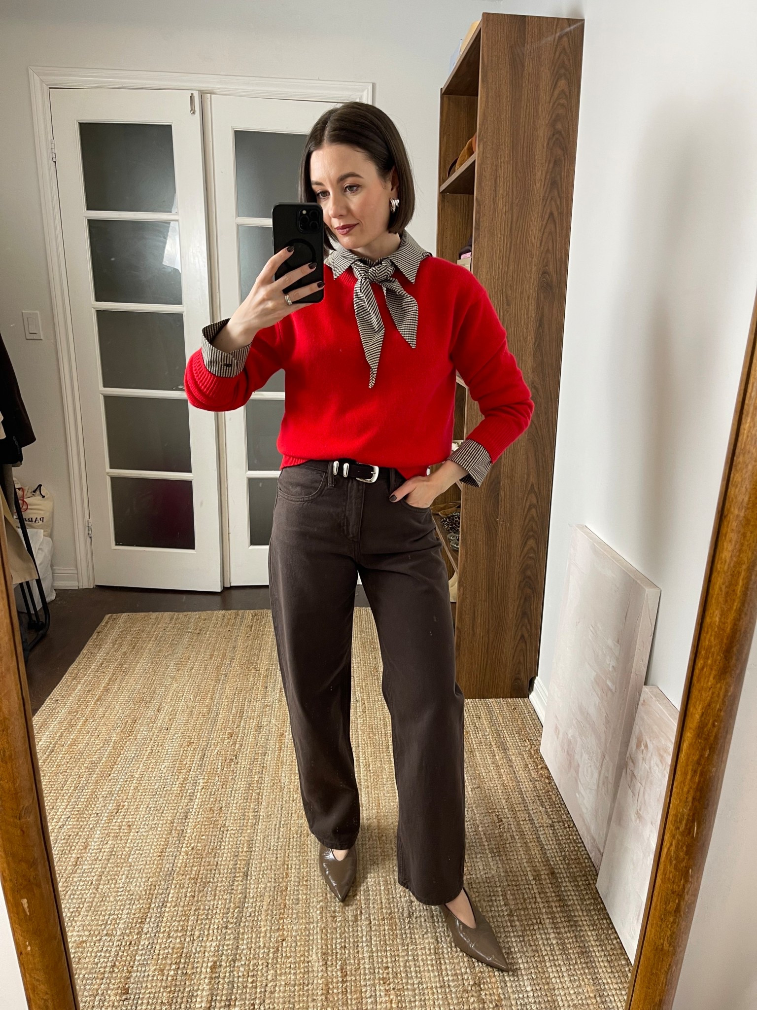 Scarf shirt (4), brown jeans, red sweater, pointed kitten heels

#LTKWorkwear #LTKStyleTip #LTKSeasonal