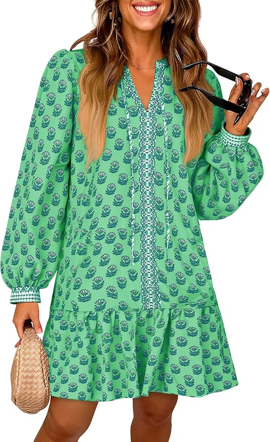 Wenrine Womens Long Sleeve Casual Mini Dress Floral V Neck Ruffle Loose Fall Boho Babydoll Dresse... | Amazon (US)