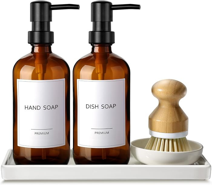 GMISUN Dish Soap Dispenser, 16 Oz Kitchen Soap Dispenser Set with Ceramic Tray & Bamboo Brush, 2 ... | Amazon (US)