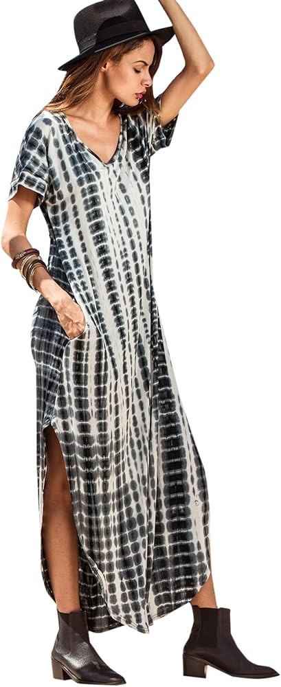 MakeMeChic Women's Boho Maxi Short Sleeve Split Pockets Tie Dye Long Dress | Amazon (US)