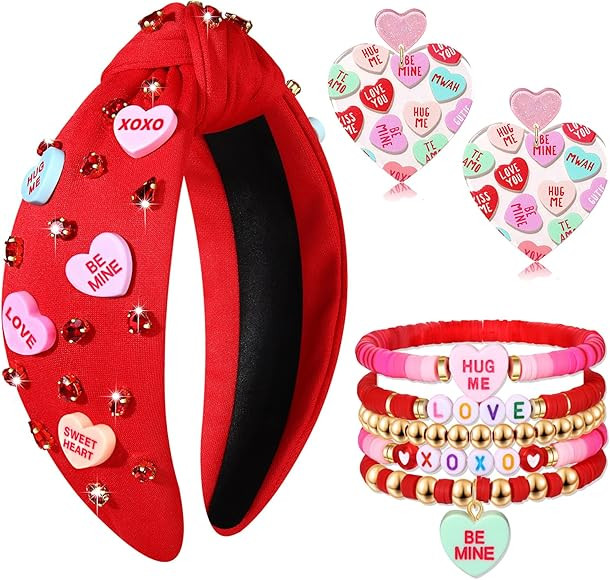 Valentine’s Day Headbands for Women Conversation Heart Headbands Pink Heishi Bracelets LOVE XOX... | Amazon (US)