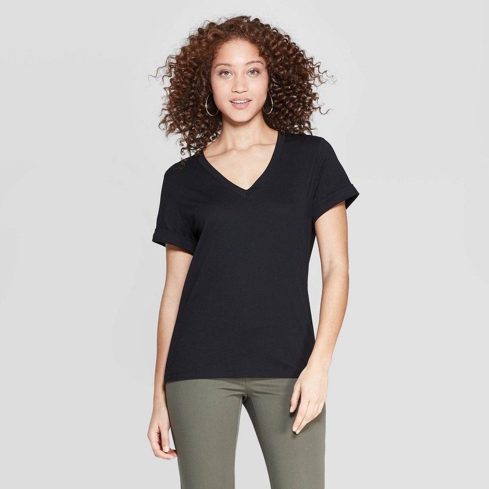 Women's Short Sleeve V-Neck T-Shirt - A New Day Black XS, Size: XS | Target