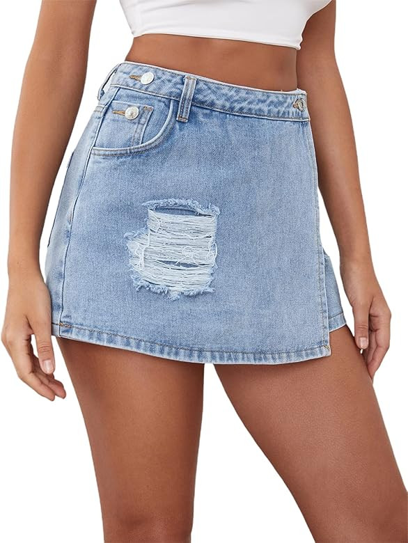 Floerns Women's Ripped High Waist Asymmetrical Hem Denim Skorts Skirts Light Blue S at Amazon Wom... | Amazon (US)