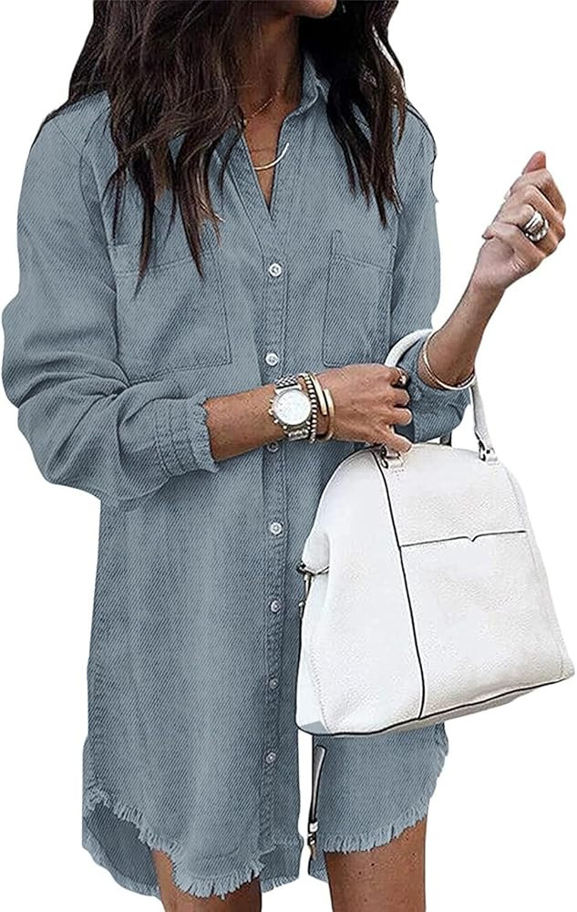 Zilcremo Women Denim Shirt Dresses Long Sleeve Distressed Jean Dress Button Down Casual Tunic Top | Amazon (US)