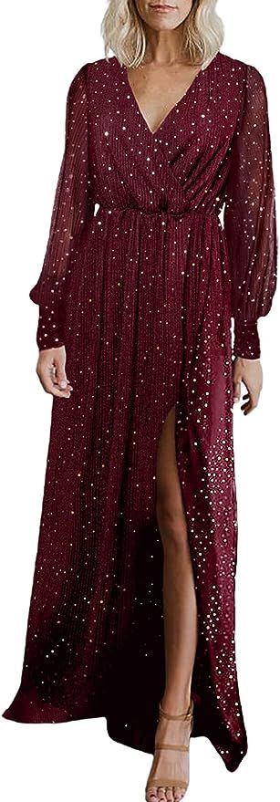 Bdcoco Women's V Neck Formal Gown Evening Dresses Long Sleeve Bridesmaid Maxi Dress with Slit | Amazon (US)