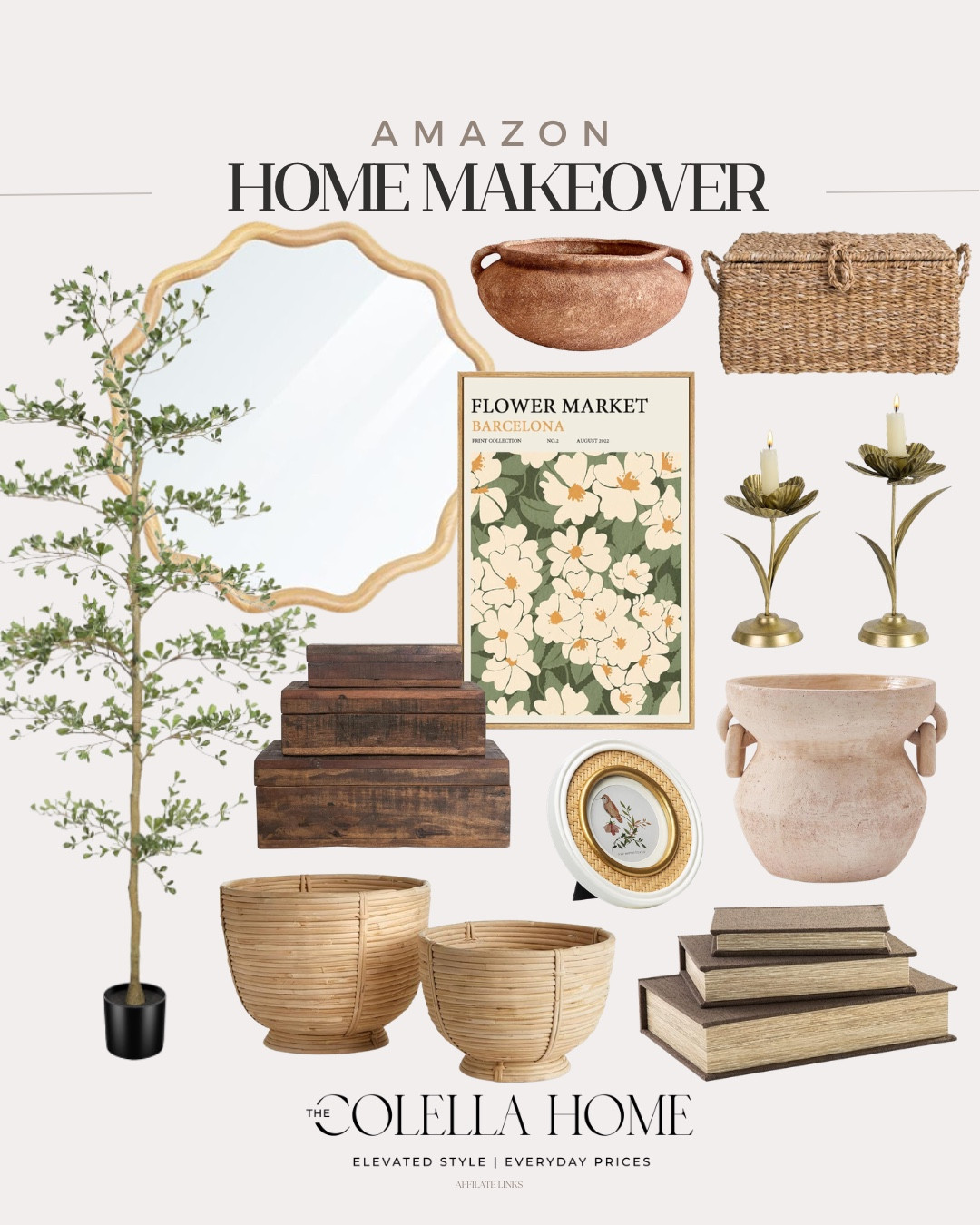 Amazon home makeover finds include faux tree, wavy mirror, decorative bowl, basket, wall art, decorative boxes, decorative bowls, stacking books, vase, and candle stick holders.

Home decor, looks for less, home makeover, Amazon finds

#LTKHome #LTKSeasonal #LTKvlog