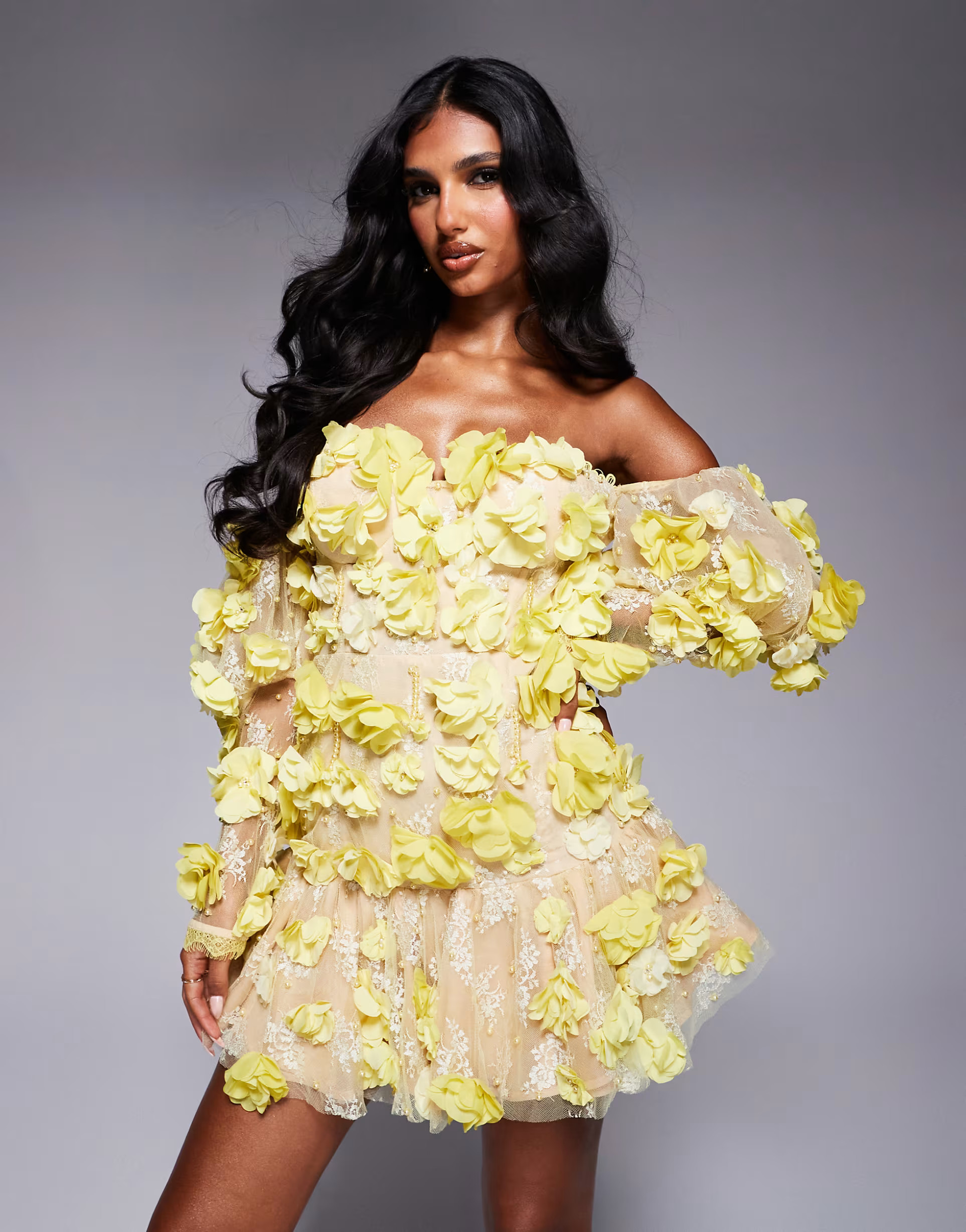 ASOS LUXE 3D floral embellished off shoulder puff sleeve mini dress in yellow | ASOS (Global)
