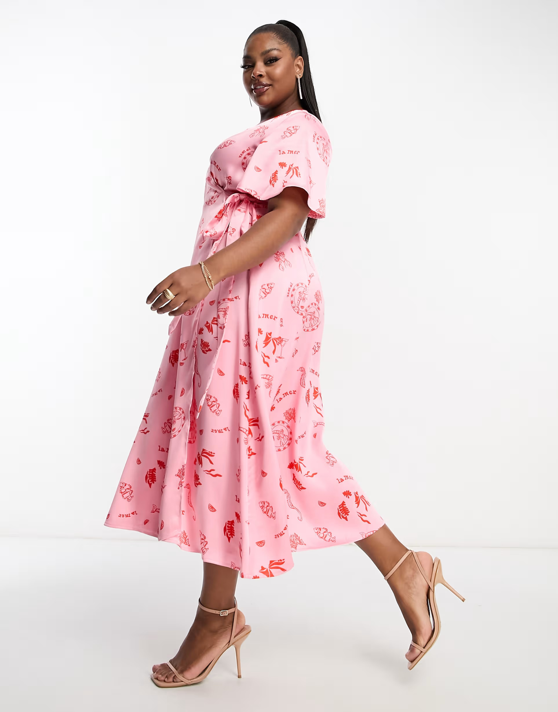 Never Fully Dressed Plus wrap tie midi dress in pink la mer print | ASOS (Global)