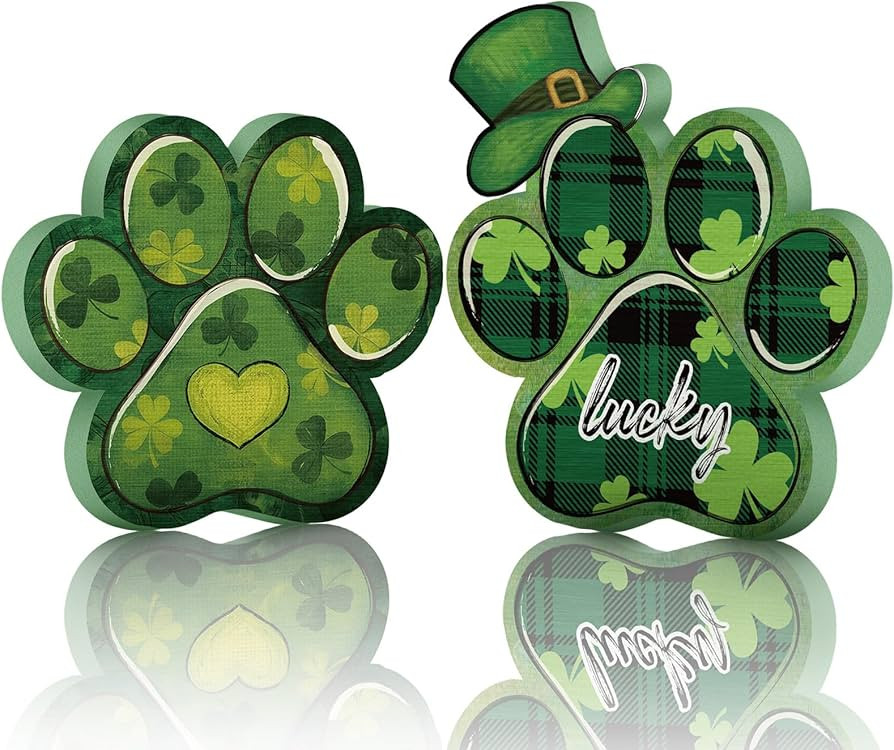 2 Pcs St Patrick's Day Dog Paw Table Sign St. Patrick's Day Wooden Table Decorations Green Shamro... | Amazon (US)