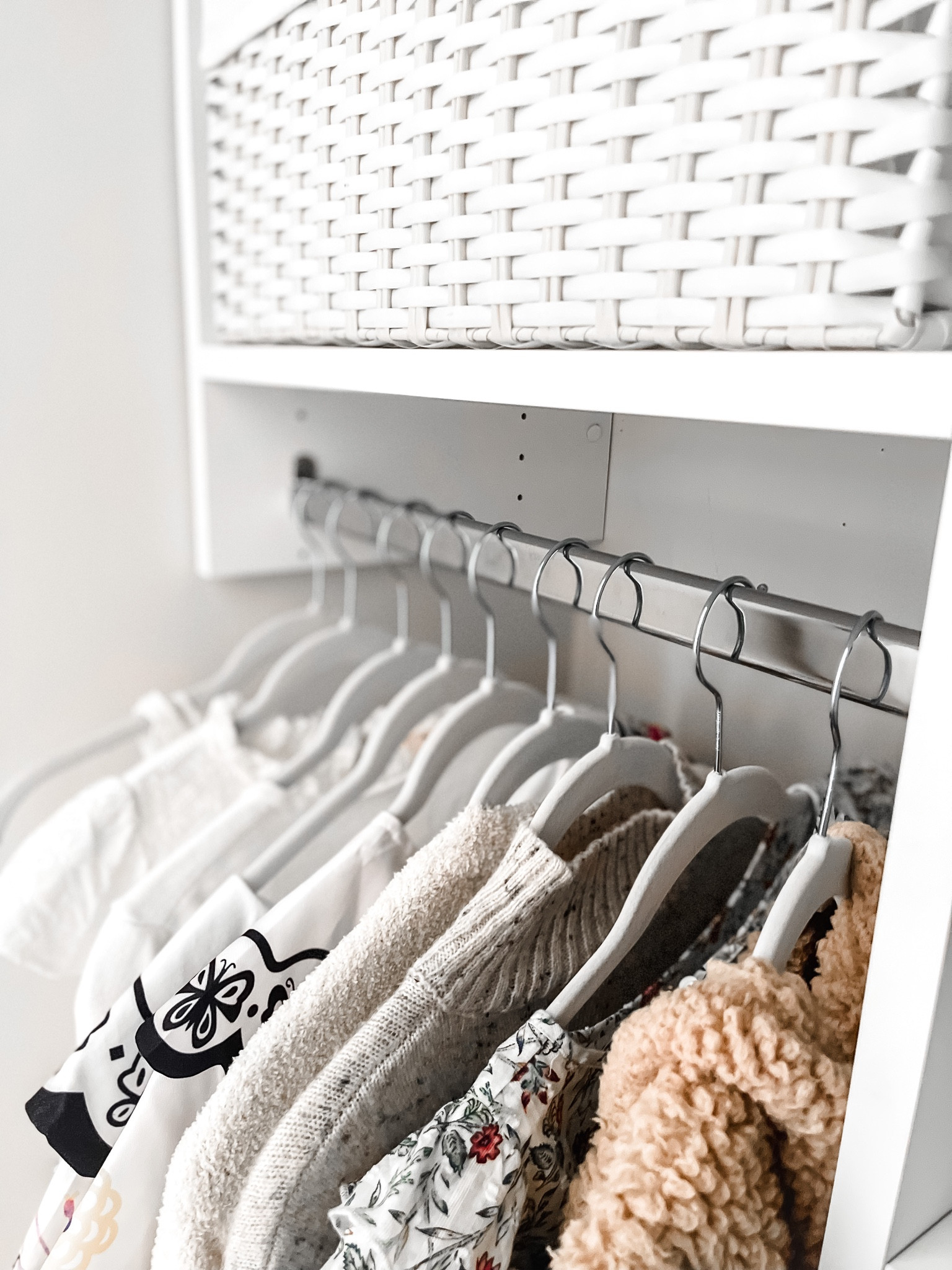 Changing out your hangers to matching slimline velvet is an instant closet upgrade. Using baskets to contain categories of clothes hides untidy stacks and makes your closet visually more organized.

#LTKhome #LTKstyletip #LTKfindsunder50